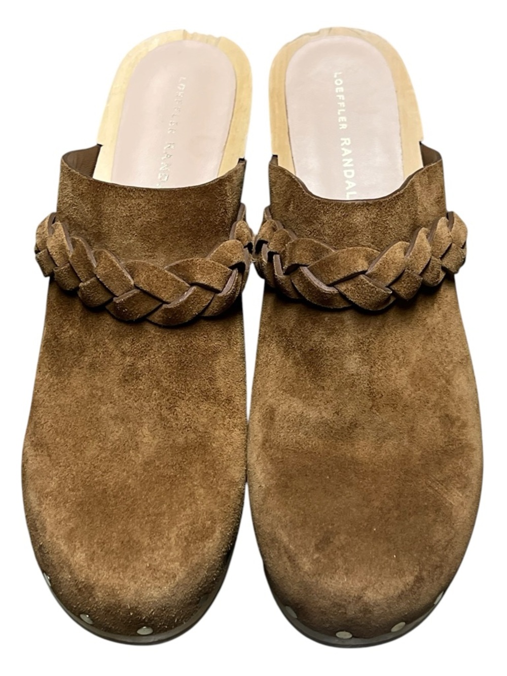 Loeffler Randall Merrill brown suede braided strap gold stud wooden clogs luxury - Picture 3 of 12
